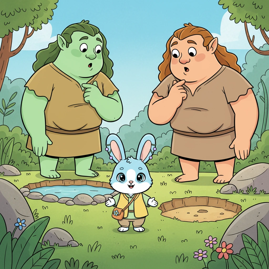 Rosie, seeing the growing tension, calmly approached the two giants. "Perhaps," she suggested with a kind smile, "we could take turns, or even work together to dig a smaller, temporary pool nearby? That way, everyone stays cool and hydrated without any more fuss."