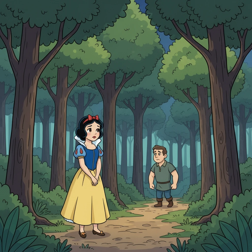 The wicked Queen ordered a huntsman to take young Snow White deep into the forest and never return. But the huntsman, seeing Snow White's gentle heart, couldn't harm her. He begged her to run far away and never come back, leaving her alone amidst the towering trees.
