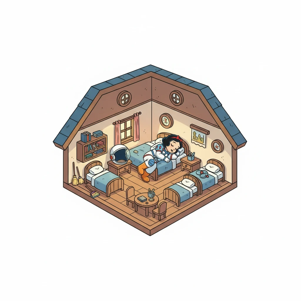 Lost and afraid, Snow White wandered through the dense woods until she stumbled upon a tiny, charming cottage. It looked like a dollhouse, with miniature furniture and seven little beds. Exhausted, she tidied the messy house and then fell fast asleep.