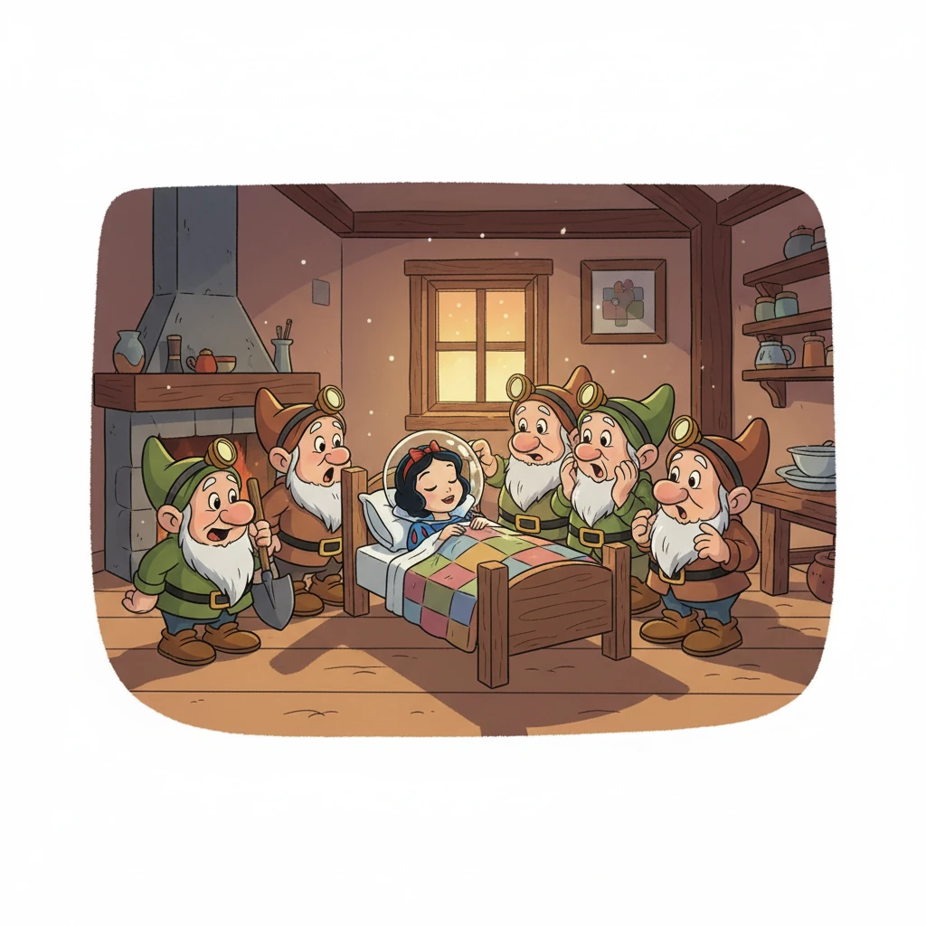 As dusk fell, seven little dwarfs, who worked in the diamond mines, returned home. They were surprised to find their cottage sparkling clean and a beautiful girl sleeping soundly in one of their beds. They watched her with curiosity and wonder.