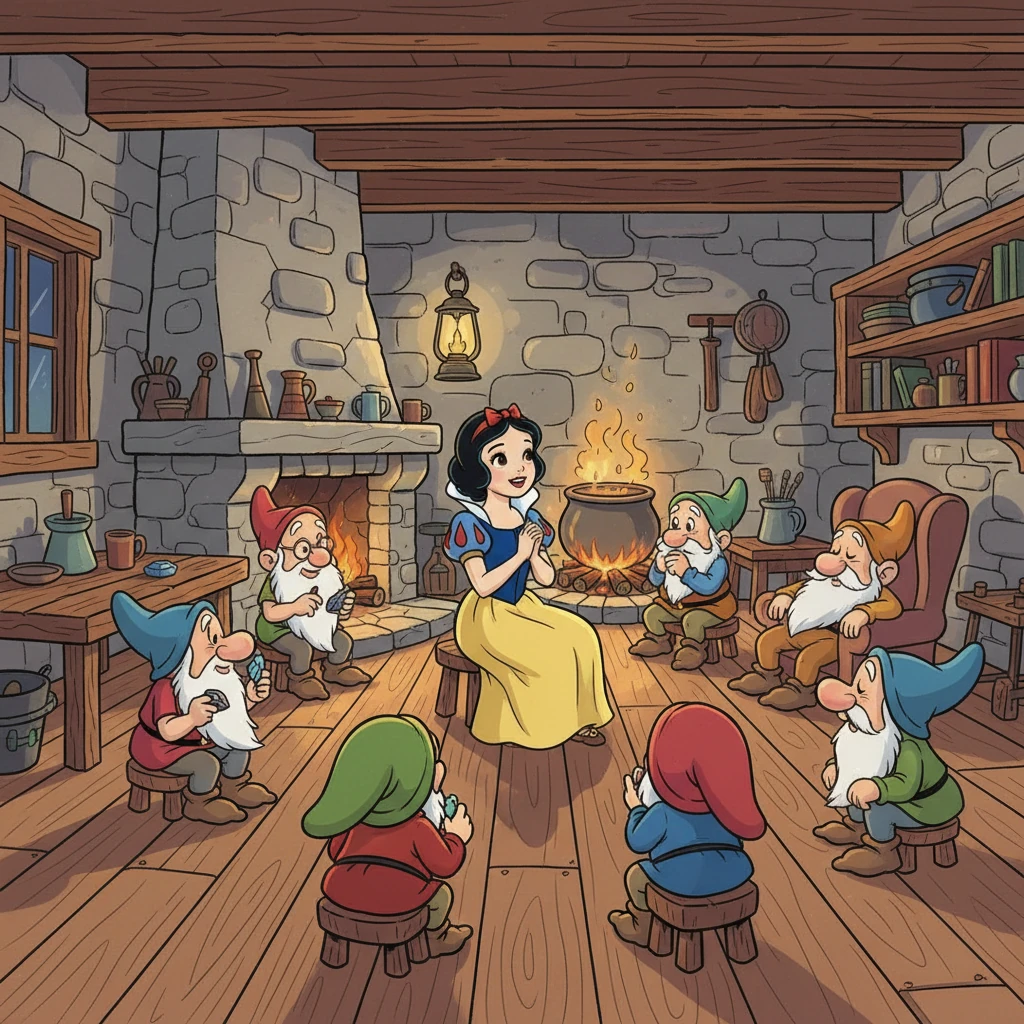 Snow White awoke to find seven kind, bearded faces staring at her. She told them her sad story, and the dwarfs, feeling pity, invited her to stay with them. Snow White cooked and cleaned, and they all lived happily together, sharing laughter and songs.