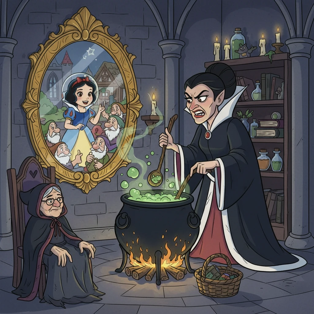 Back at the castle, the Queen consulted her magic mirror once more, only to learn that Snow White was still alive and well, living with the seven dwarfs. Filled with fury, she brewed a wicked potion and disguised herself as an old peddler woman, determined to eliminate her rival.