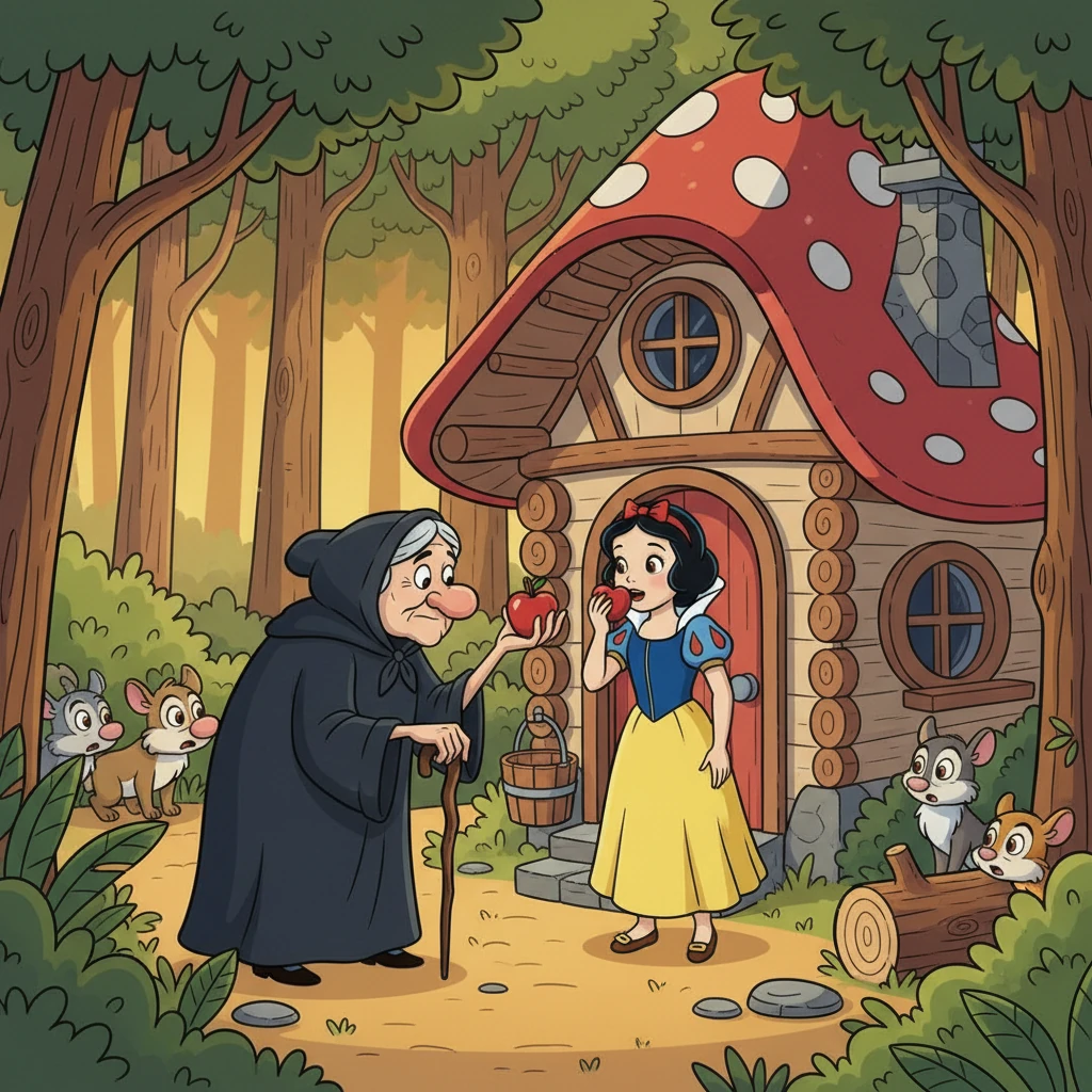 Disguised, the Queen approached the dwarfs' cottage and offered Snow White a shiny, red apple. "Just one bite, my dear," she coaxed. Unaware of the danger, Snow White took a bite of the delicious-looking fruit, unaware it was poisoned.