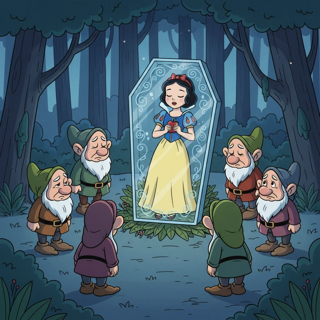 As soon as the apple touched her lips, Snow White fell into a deep, death-like sleep. The dwarfs returned to find her still and pale, their hearts breaking with sorrow. They built a glass coffin, mourning their beloved friend, convinced she was gone forever.