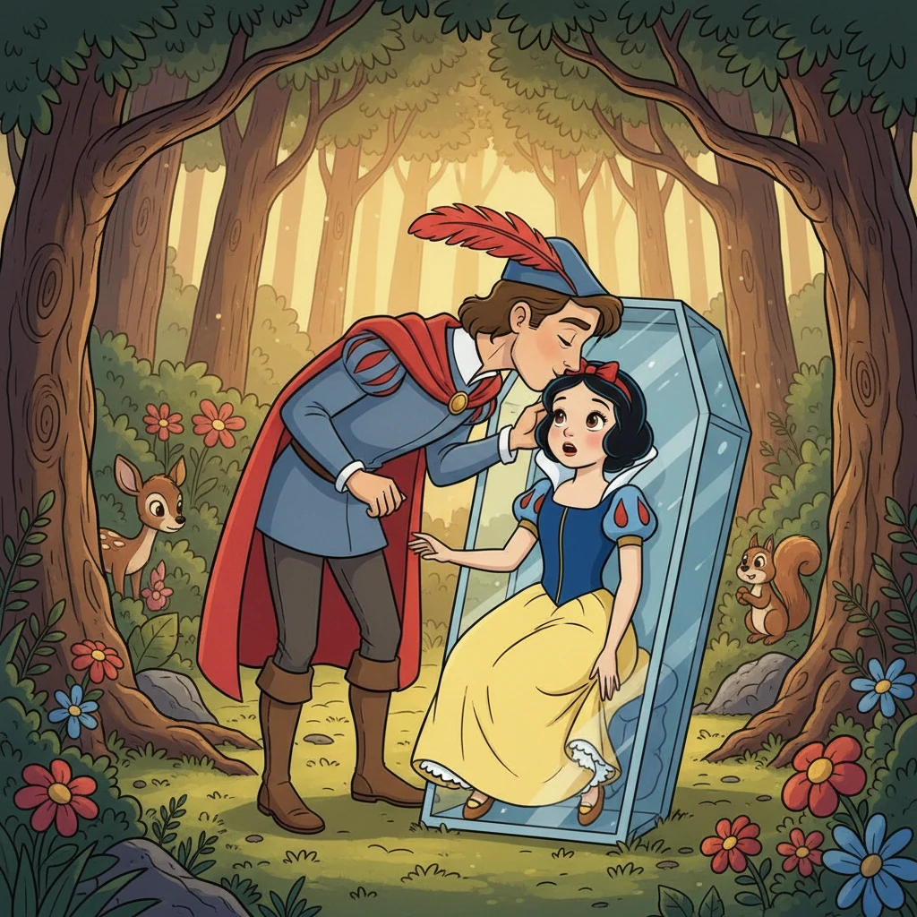 One day, a handsome Prince rode through the forest and discovered Snow White in her glass coffin. Struck by her beauty, he leaned down and kissed her gently. Suddenly, Snow White's eyes fluttered open, and she awoke from her long slumber, the spell finally broken.