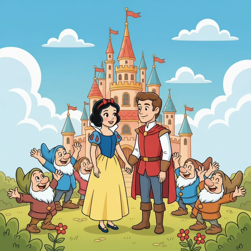 Overjoyed, Snow White thanked the Prince and introduced him to her dwarf friends. The Prince asked Snow White to be his wife, and she happily agreed. They were married in a grand ceremony and lived happily ever after, ruling their kingdom with kindness and love.