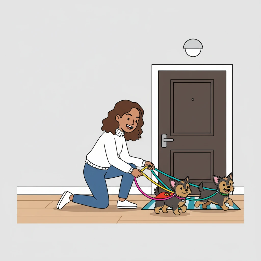 Alex, with a bright smile, clips leashes onto Krypto, Chanel, and Shep. The three fluffy Yorkies, tails wagging like excited pendulums, bounce around the front door. Their collars, each a different bold color, stand out against their shiny fur.