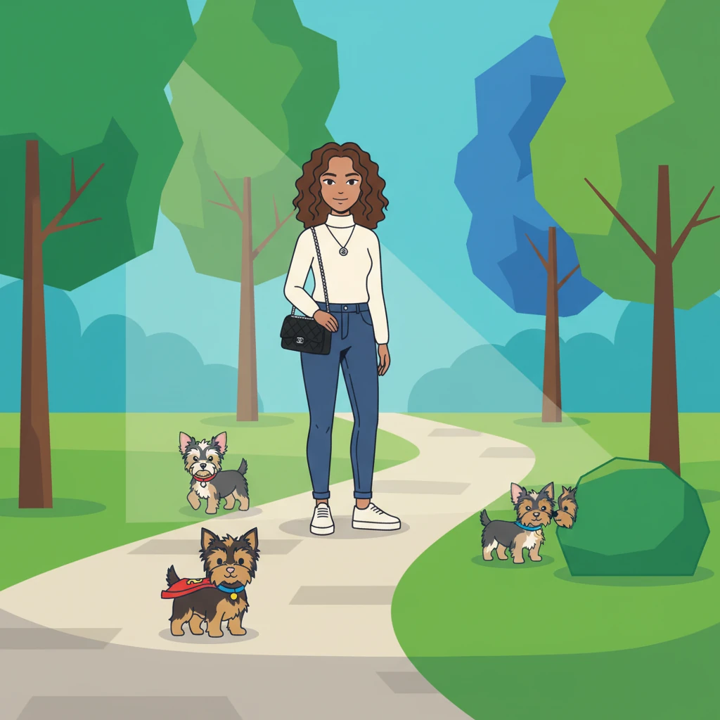 Sunlight streams through geometric trees as Alex and the Yorkies stroll along a path. Krypto trots ahead, Chanel prances elegantly, and Shep sniffs at a perfectly round bush. The park is a tapestry of vivid green and blue shapes.