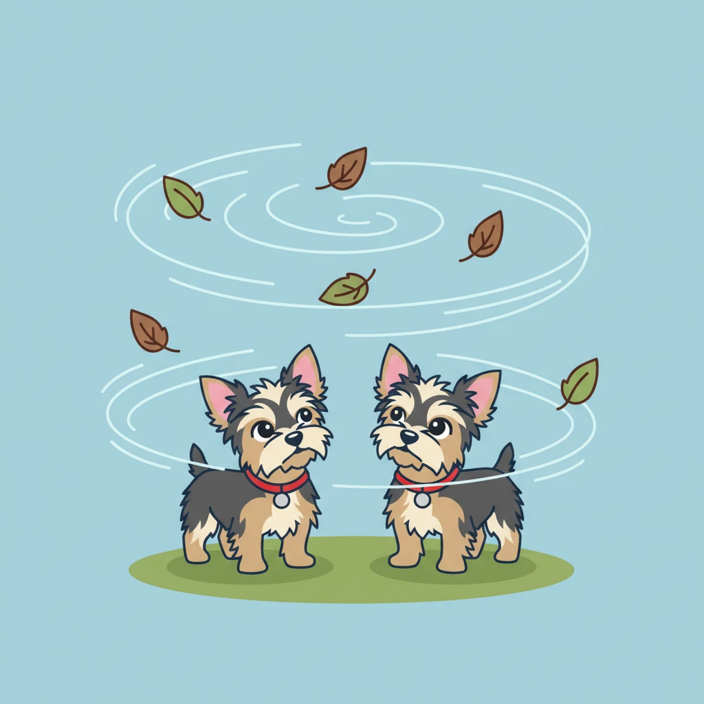 Suddenly, a peculiar, gentle hum fills the air, a sound no one had ever heard before. A soft, swirling breeze, outlined in a lighter blue, lifts stray leaves in perfect circles. The Yorkies tilt their heads, ears perked in unison.
