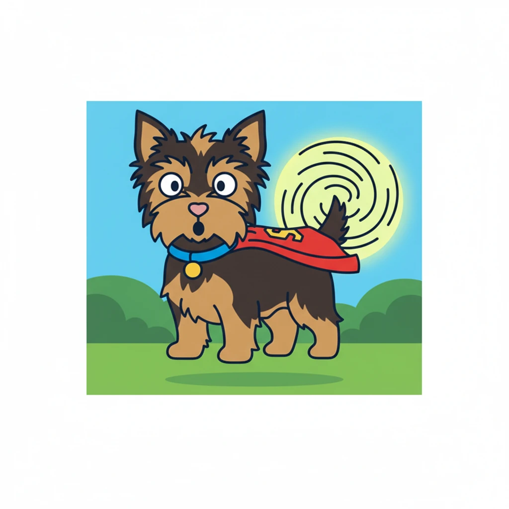 Krypto's tail begins to spin, not just wag, but twirl like a tiny propeller. A faint, glowing aura, a bold yellow circle, appears around it. His paws lift from the ground, just an inch, then two, his eyes wide with surprise.