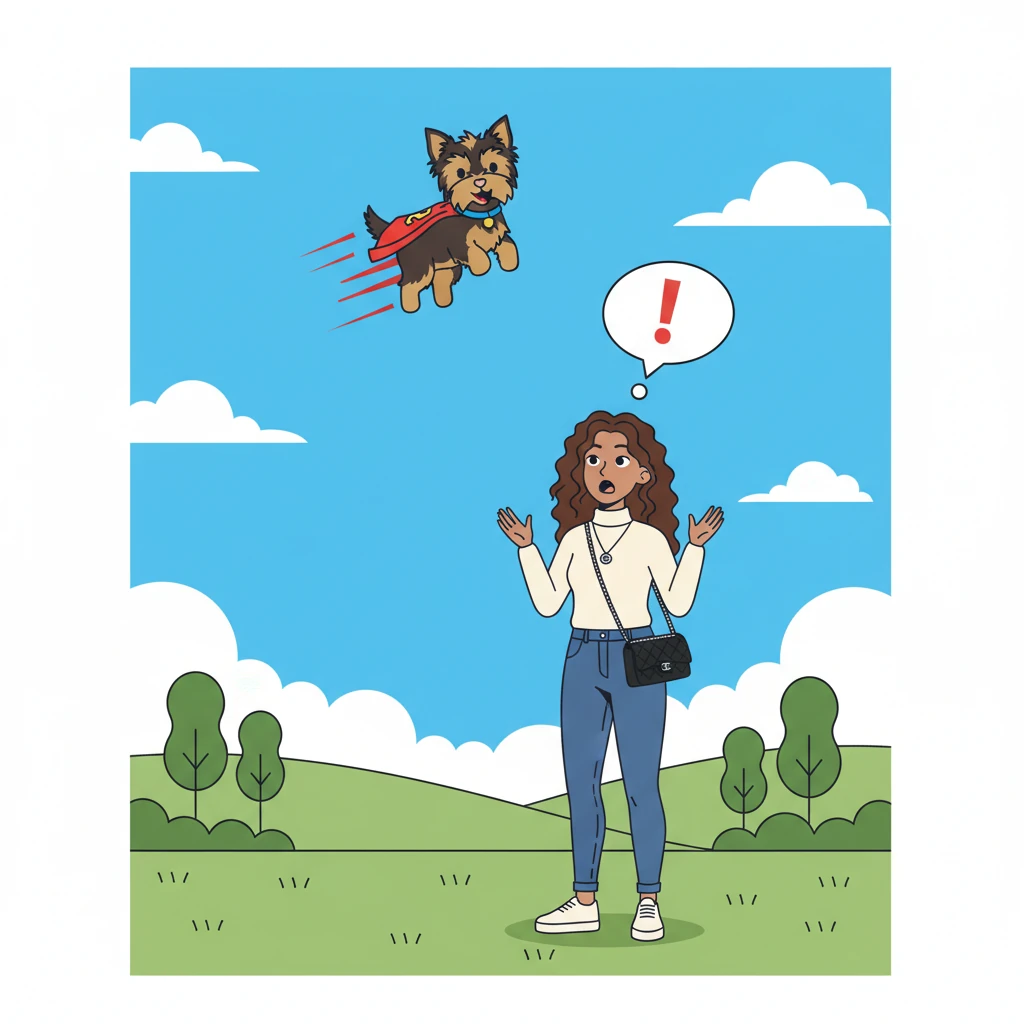 With a little yip of delight, Krypto floats higher, his tail a blur of motion. He hovers effortlessly, a small, brave pilot in the sky. Alex looks up, mouth agape, a single thought bubble with an exclamation mark above their head.