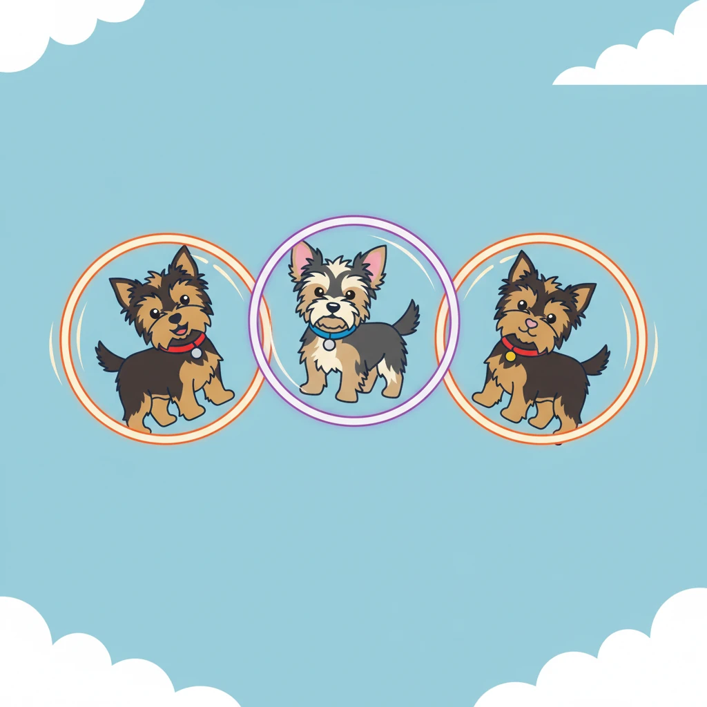 Inspired, Chanel and Shep wiggle their own tails, feeling the strange new energy. Their tails too begin to spin, creating perfect orange and purple circles of light. Within moments, all three Yorkies are suspended in the air, side by side.