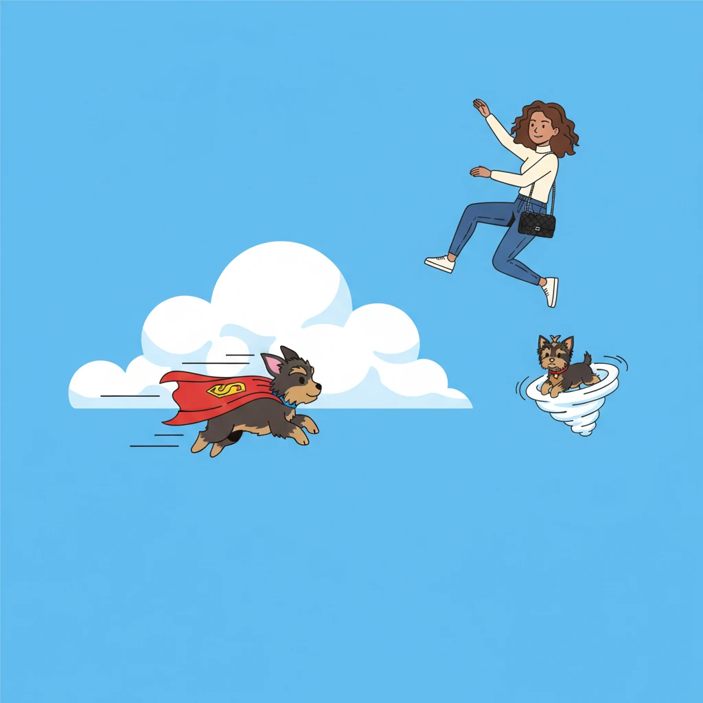 They loop and dive through the clear blue sky, playing a joyful game of aerial tag. Krypto zooms past a fluffy white cloud, Chanel does a graceful flip, and Shep spins in happy circles. Their bold shapes cut sharply against the sky.