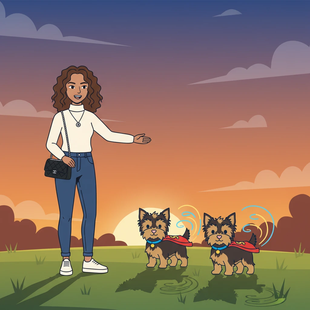 As the sun begins to set, casting long, geometric shadows, Alex calls to them. With a final, gentle swoop, the Yorkies descend, their tails slowing their magical spin. They land softly, paws touching the grass with a soft thud.