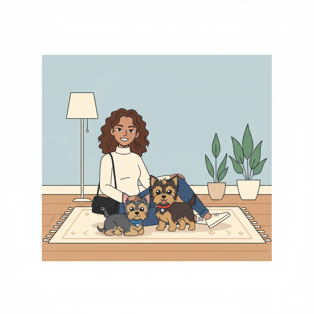 Back home, curled up on a comfy, rectangular rug, the three tired Yorkies snuggle close to Alex. Their tails are still, but their eyes sparkle with a shared, wonderful secret. Alex smiles, knowing this was no ordinary walk.