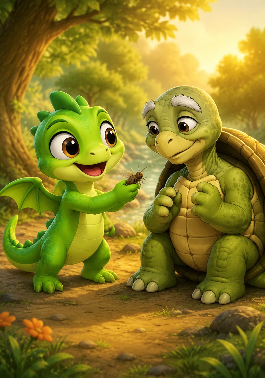 In the warm glow of the afternoon sun, Leo meets with the old tortoise again. Leo shares a delicious bite of the insect he caught, feeling truly happy and content, understanding that some of the best things in life are well worth waiting for.