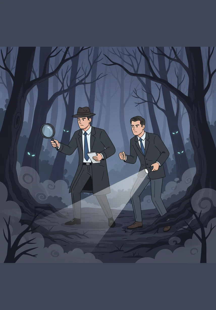 Armed with lanterns and keen observation skills, the two investigators step into the edge of the Leon Forest just as the sun begins to set. The air grows unnaturally cold, and a thick mist curls around their boots like reaching fingers.