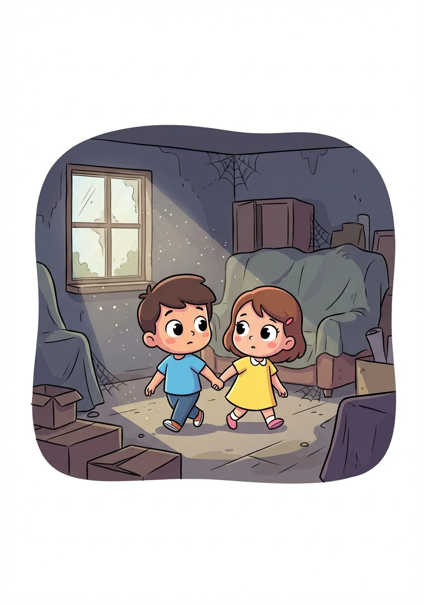 Rumah itu gelap dan berdebu. Sinar matahari hanya masuk sedikit melalui tingkap yang berhabuk. Mereka berjalan perlahan-lahan, berpegangan tangan.