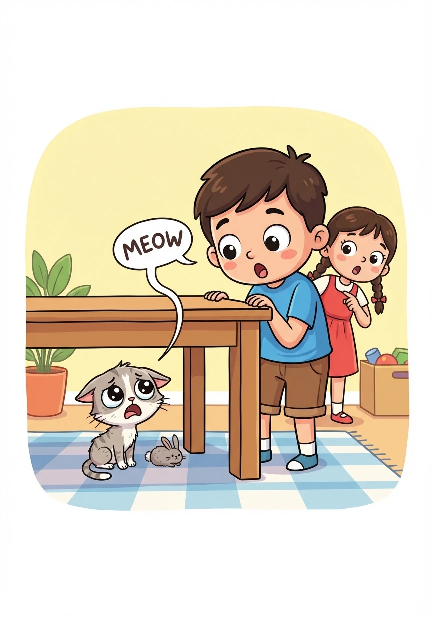 Tiba-tiba, mereka terdengar bunyi kucing mengeong. Mereka terkejut dan mencari dari mana datangnya bunyi itu. Mereka menemui seekor kucing kurus di bawah meja.