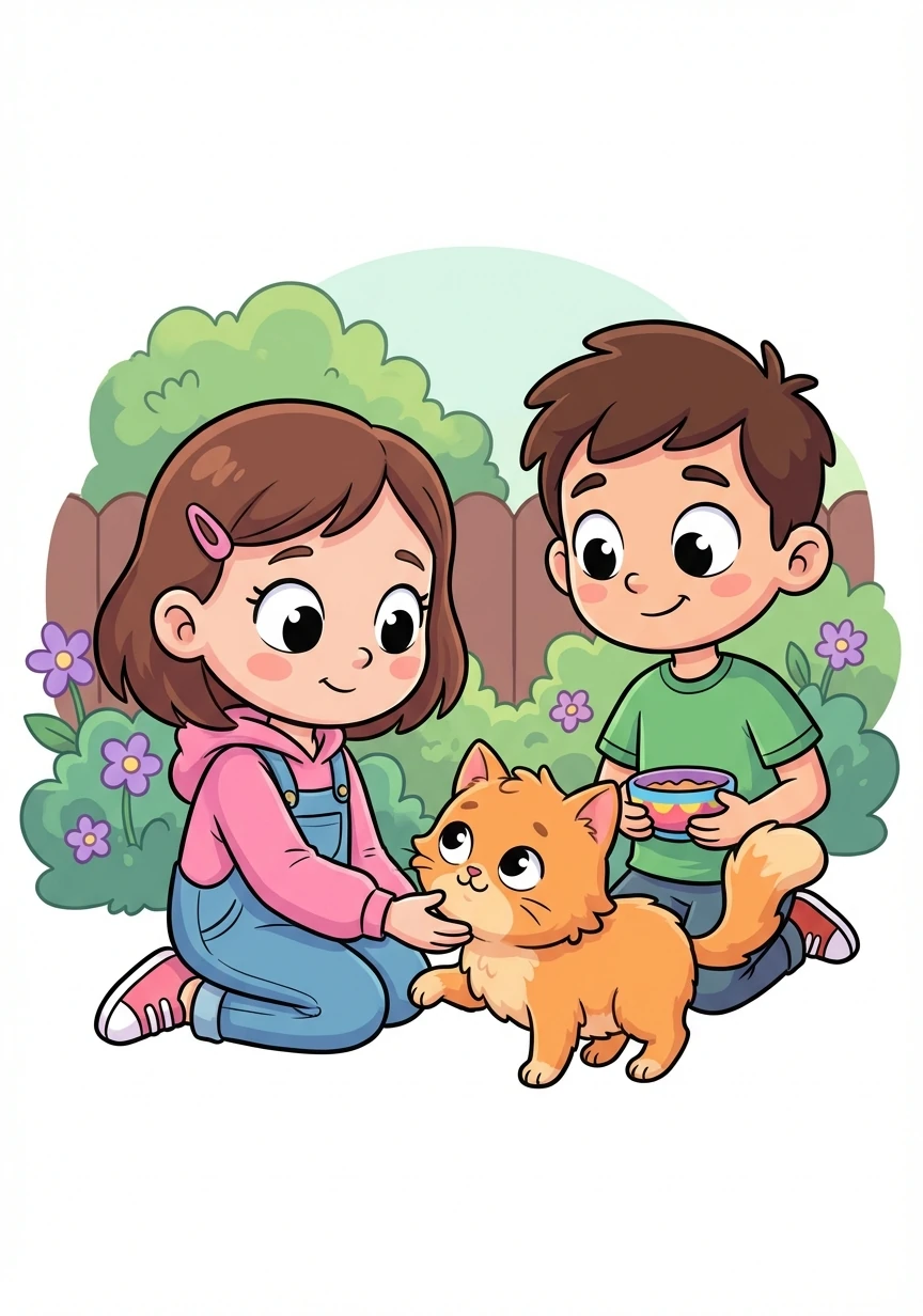 Aisyah mendekati kucing itu dengan berhati-hati. Dia menghulurkan tangannya dan kucing itu menggeselkan badannya pada tangan Aisyah. Mereka memutuskan untuk memberi kucing itu makan.