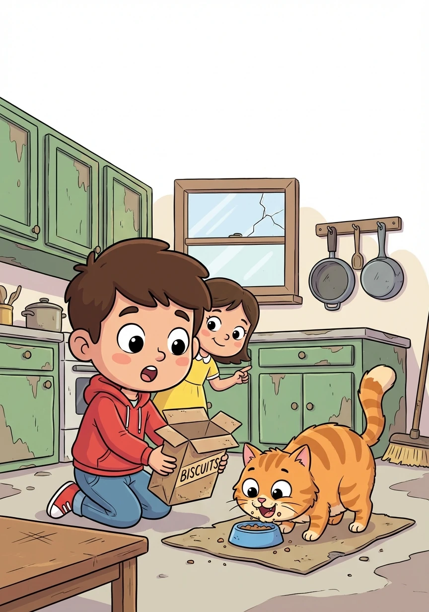 Mereka mencari makanan di dapur yang usang. Mereka menemui sekotak biskut lama. Mereka memberikan biskut itu kepada kucing. Kucing itu makan dengan gelojoh.