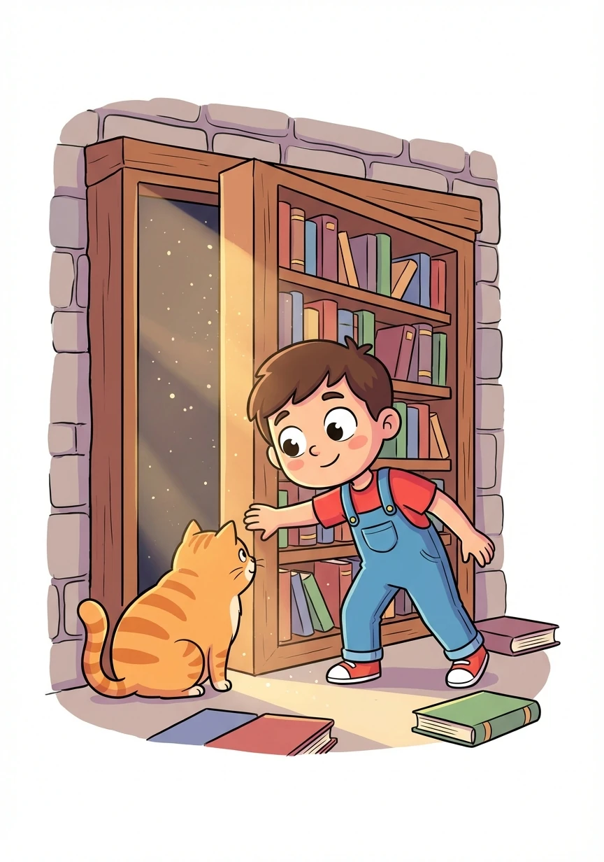 Selepas kucing itu kenyang, mereka meneruskan penerokaan mereka. Mereka menjumpai sebuah bilik rahsia di sebalik rak buku. Mereka membuka pintu bilik itu dengan perlahan.
