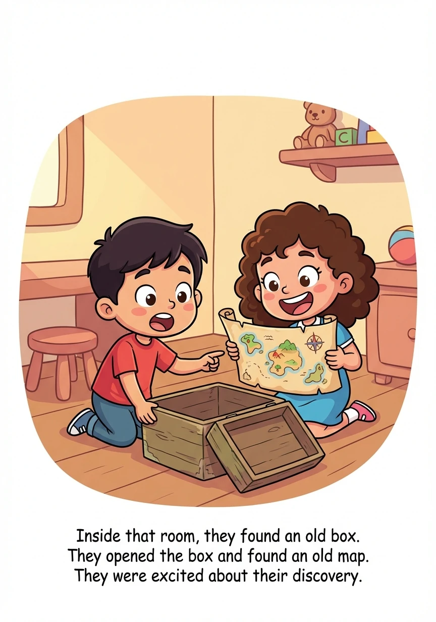 Di dalam bilik itu, mereka menemui sebuah kotak lama. Mereka membuka kotak itu dan menjumpai sebuah peta lama. Mereka teruja dengan penemuan mereka.