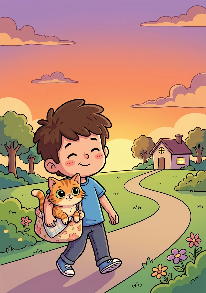 Hari sudah lewat, mereka memutuskan untuk pulang. Mereka membawa kucing itu bersama mereka. Mereka menamakan kucing itu Comel.