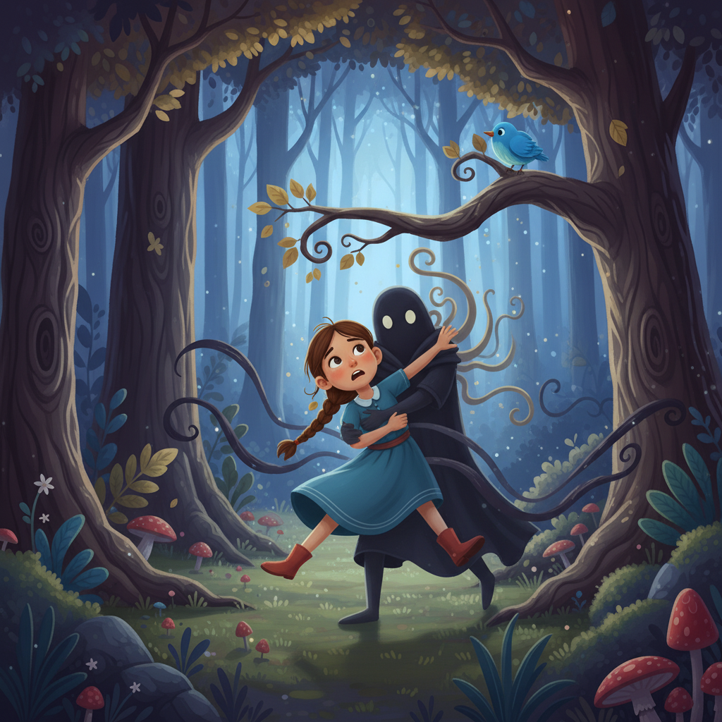 Elara tried to run, but before she could, a hand grabbed her. She was struggling as she was being carried away. Suddenly, she saw the last of the sunlight disappear behind the trees.