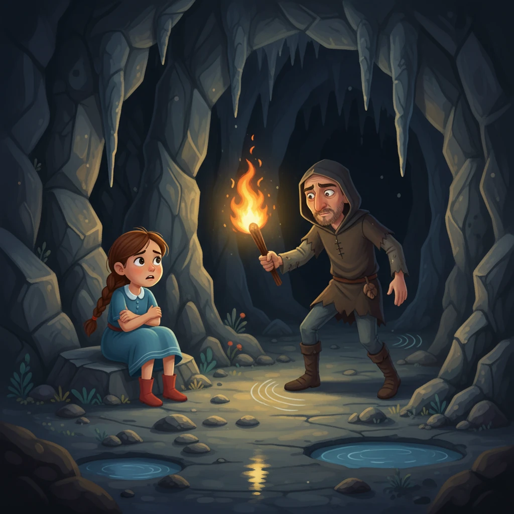 When Elara woke up, she was in a dark, cold cave. While she waited, she heard the echo of footsteps. The kidnapper, a shifty looking man, entered the cave with a torch.