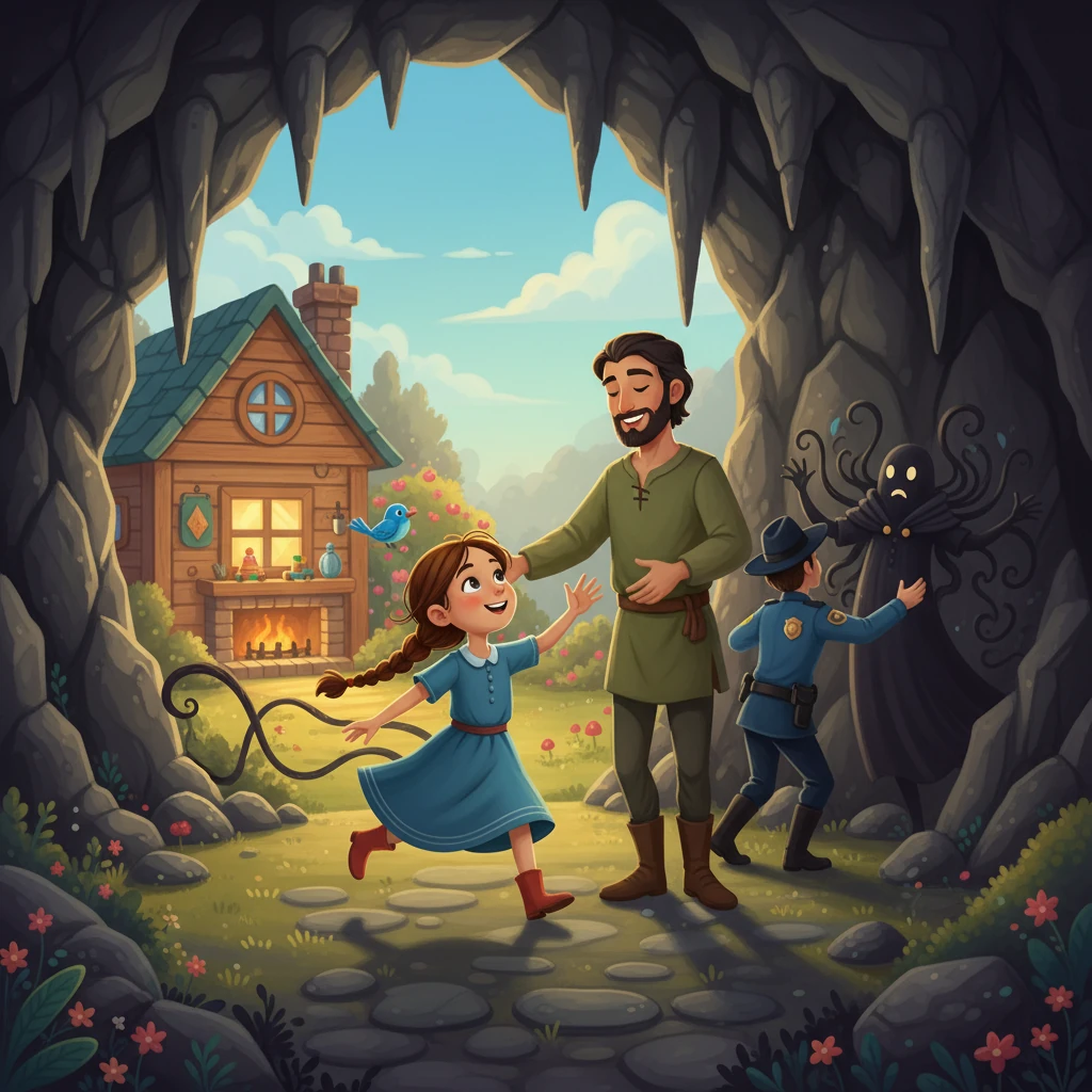 As the man was reaching for Elara, her father burst in. While the man was distracted, Elara seized the chance to run into her father's arms. They escaped from the cave as the police apprehended the man. They went home and Elara lived happily ever after.