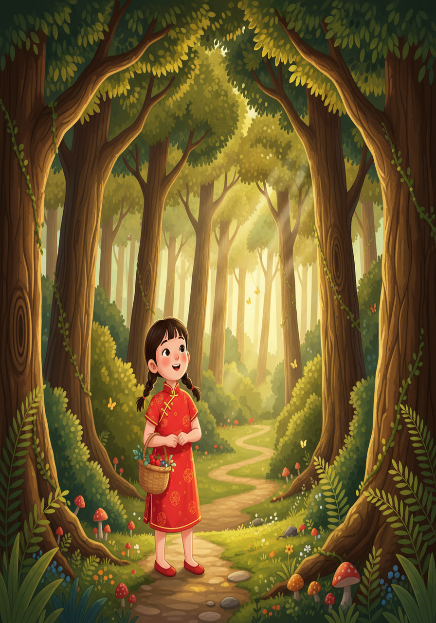 image: 一个小女孩艾米，穿着红色的连衣裙，站在森林的入口，脸上充满了好奇。 她手里拿着一个篮子，森林的树木高大茂盛，阳光透过树叶，形成美丽的光影。