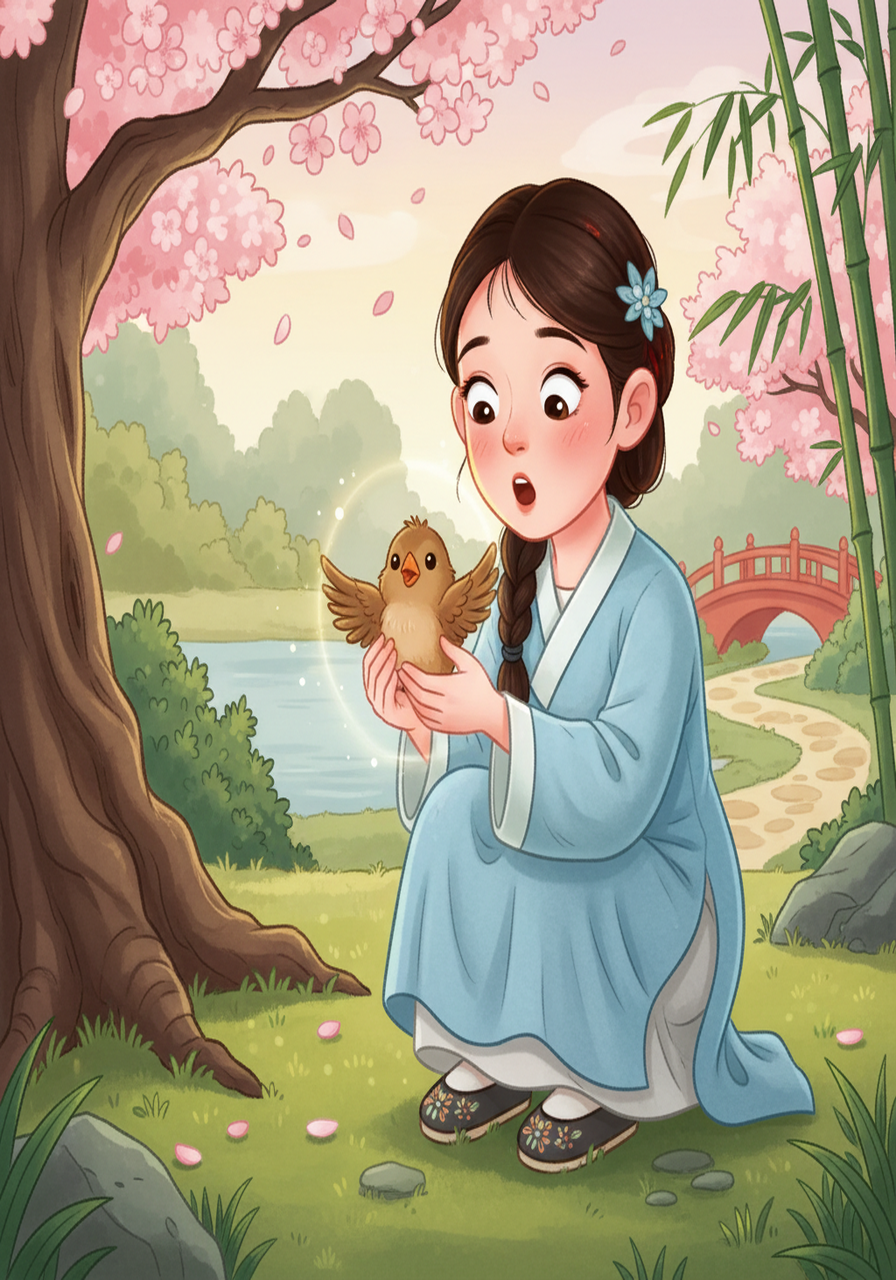 一只受伤的小鸟从树上掉了下来，艾米赶紧跑过去。 她蹲下身，轻轻地抚摸着小鸟的翅膀。 艾米突然听到小鸟用微弱的声音说话，她惊讶地发现自己竟然能够听懂动物的语言!