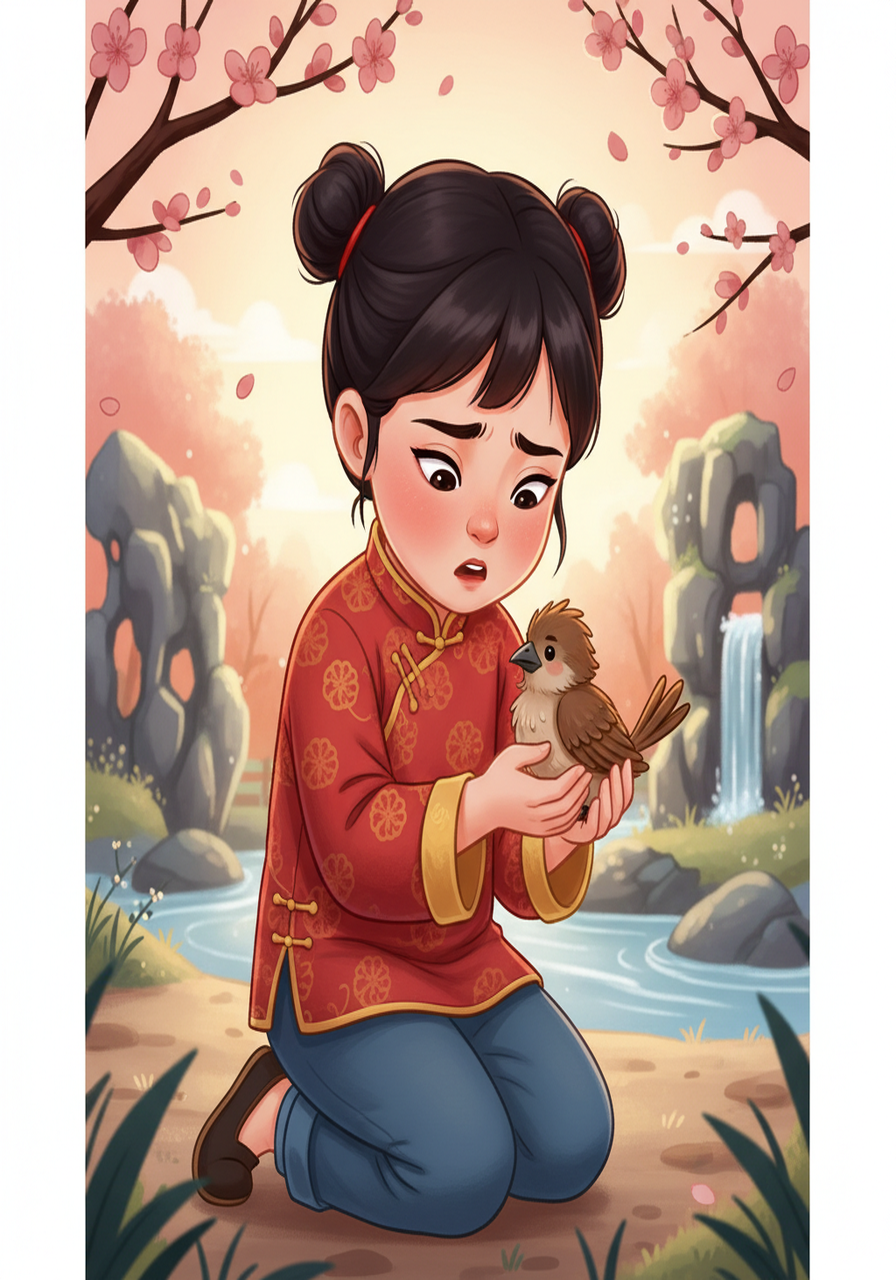 image: 艾米蹲在地上，小心翼翼地捧着一只受伤的小鸟。 小鸟看起来很虚弱，艾米的脸上充满了关切和专注。