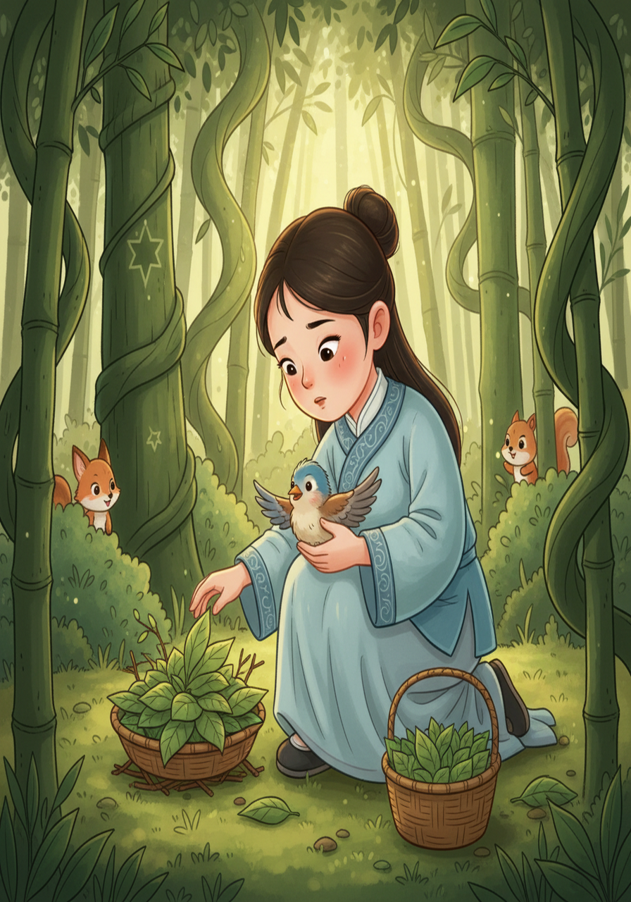 艾米听从小鸟的诉说，得知它因为撞到了一棵树而受伤。 她轻声安慰小鸟，并从篮子里拿出柔软的树叶，为它制作了一个临时的巢。 艾米决心帮助森林里的所有动物。