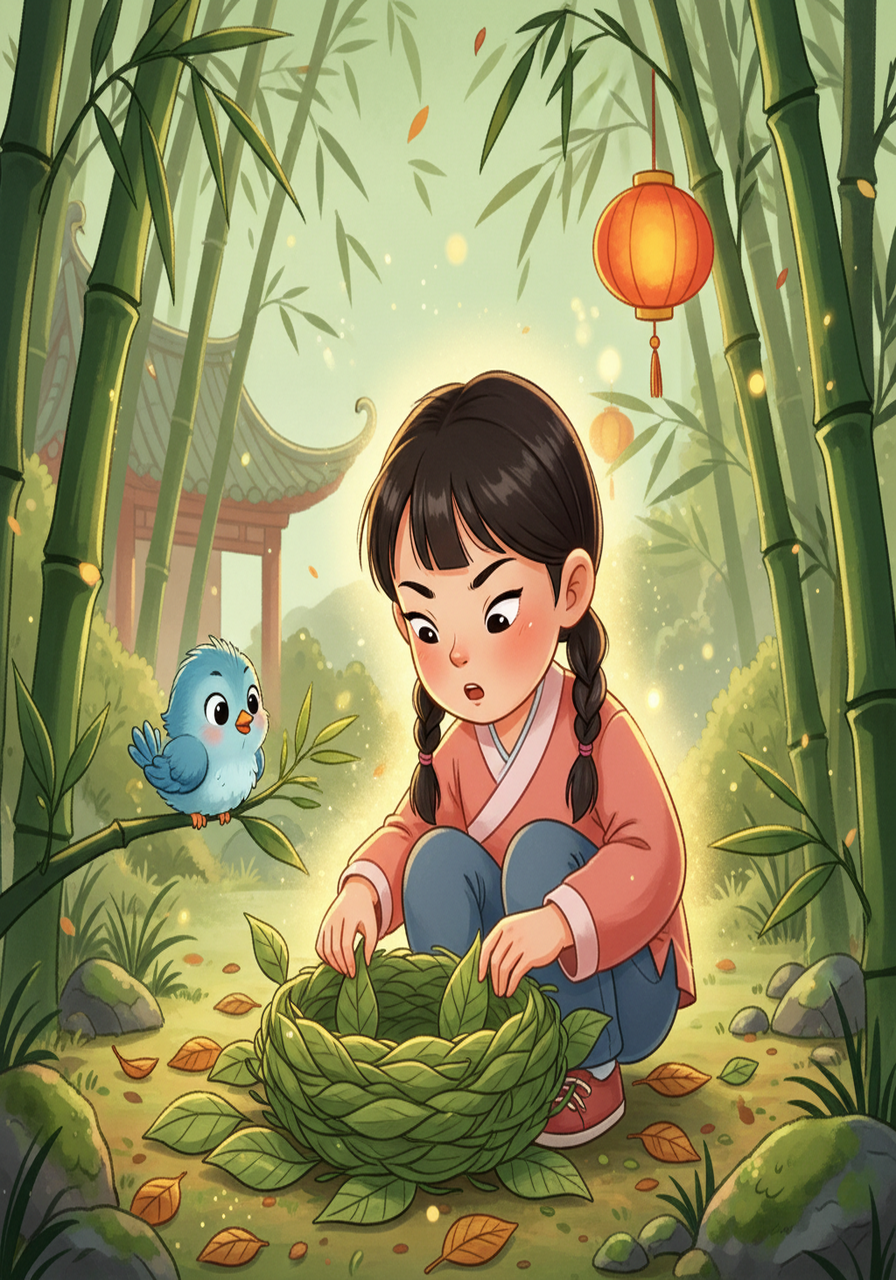 image: 艾米正在用树叶为小鸟搭建巢。 她的表情认真而专注，周围环绕着温暖的光线，象征着她的关爱。