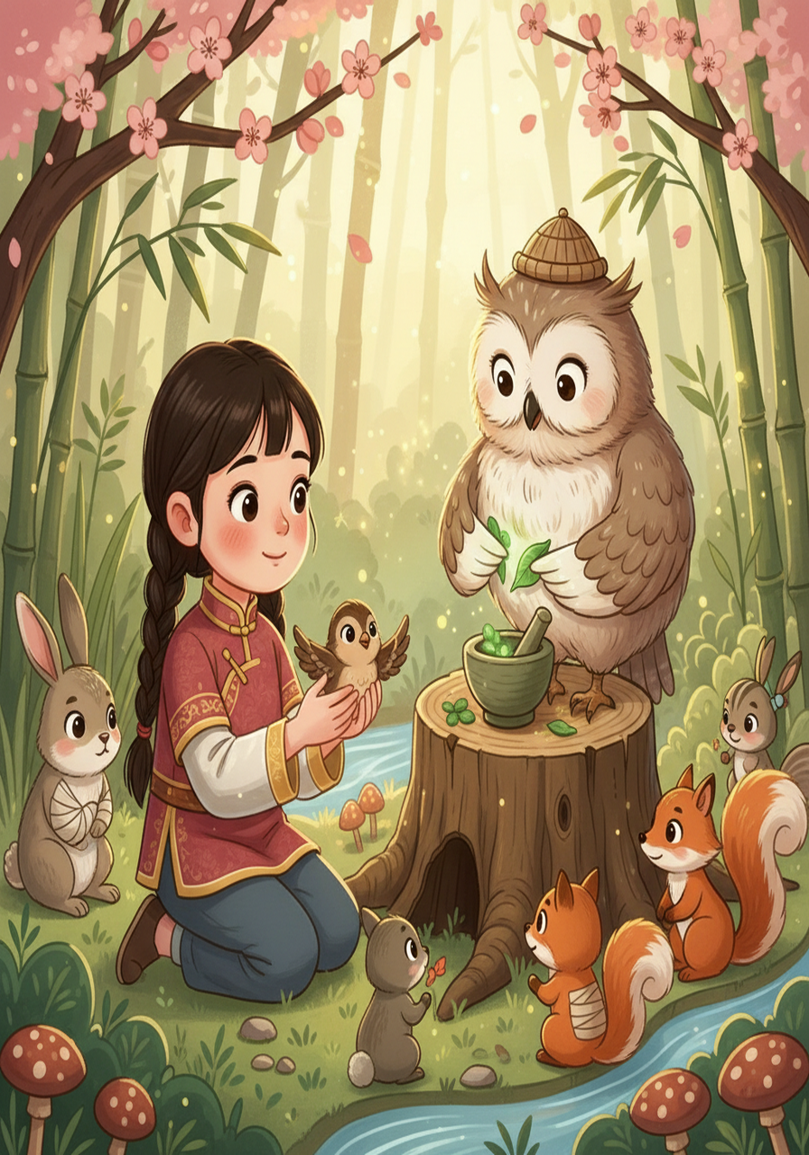 艾米帮助小鸟包扎好翅膀，然后带着它去找森林里的医生——一只年迈的猫头鹰。 猫头鹰用草药为小鸟治疗，并告诉艾米，森林里还有很多动物需要帮助。 艾米听得聚精会神。