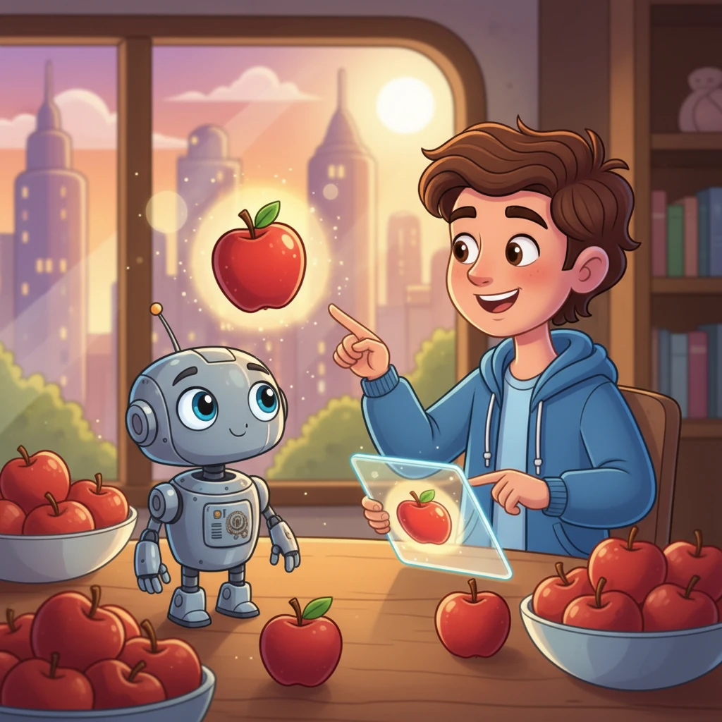 Aarav began Milo's education by showing him picture after picture of juicy red apples. He’d point and say, “This is an apple.” Milo would blink its lights, absorbing the information. The room was filled with the scent of fresh fruit as Aarav continued his lesson.
