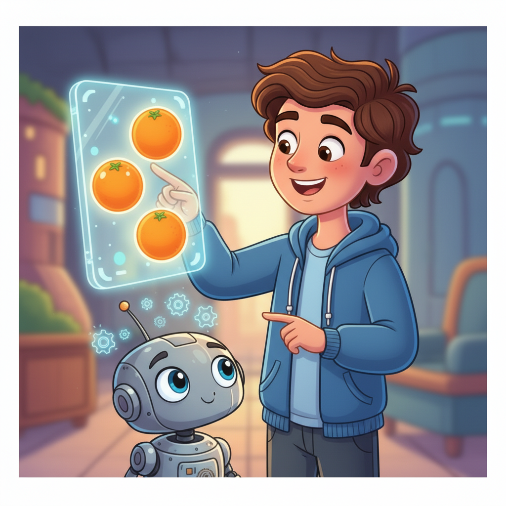 Next came oranges! Aarav displayed images of the bright, round fruits. “This is an orange,” he explained. Milo's internal processors whirred as it took in the new data. After a week, Aarav tested Milo's knowledge.