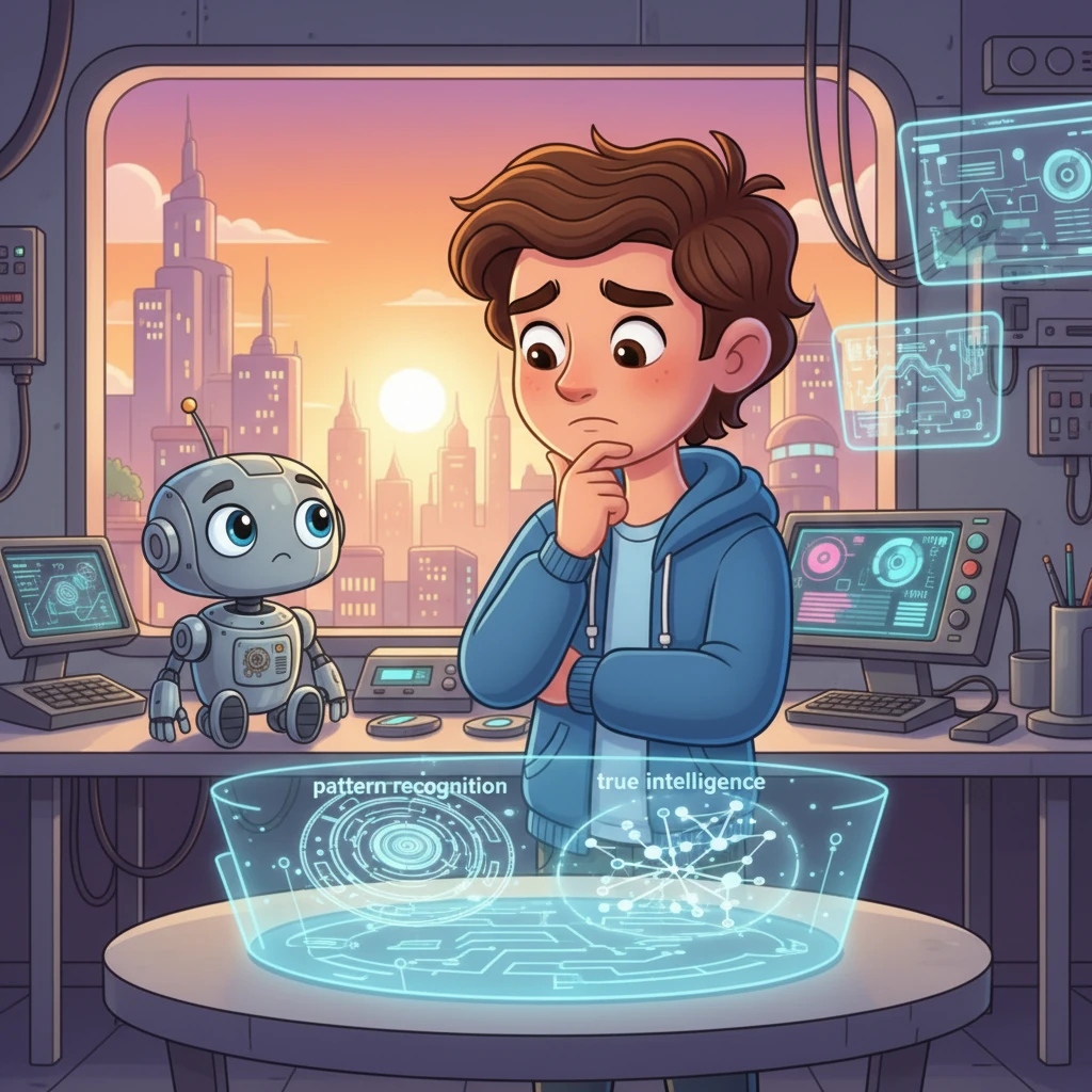 The professor explained the difference between pattern recognition and true intelligence. Aarav, now confused, pondered what true AI really meant. He realized he needed to challenge Milo in new ways to truly test his abilities.