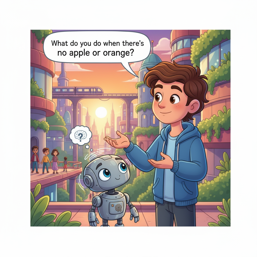 Aarav presented Milo with a thought-provoking scenario: “What do you do when there's no apple or orange?” Milo paused, processing the unfamiliar situation. After a moment of thought, Milo responded, “I will ask you first. Then, I will try to predict using similarity.”