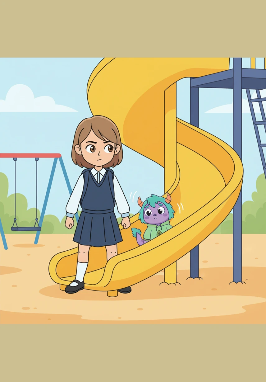 Charlotte was playing near the playground when she heard a strange squeaking sound coming from behind the big yellow slide. Her heart raced with fear as she wondered what could be making such a curious noise in the middle of the school day.
