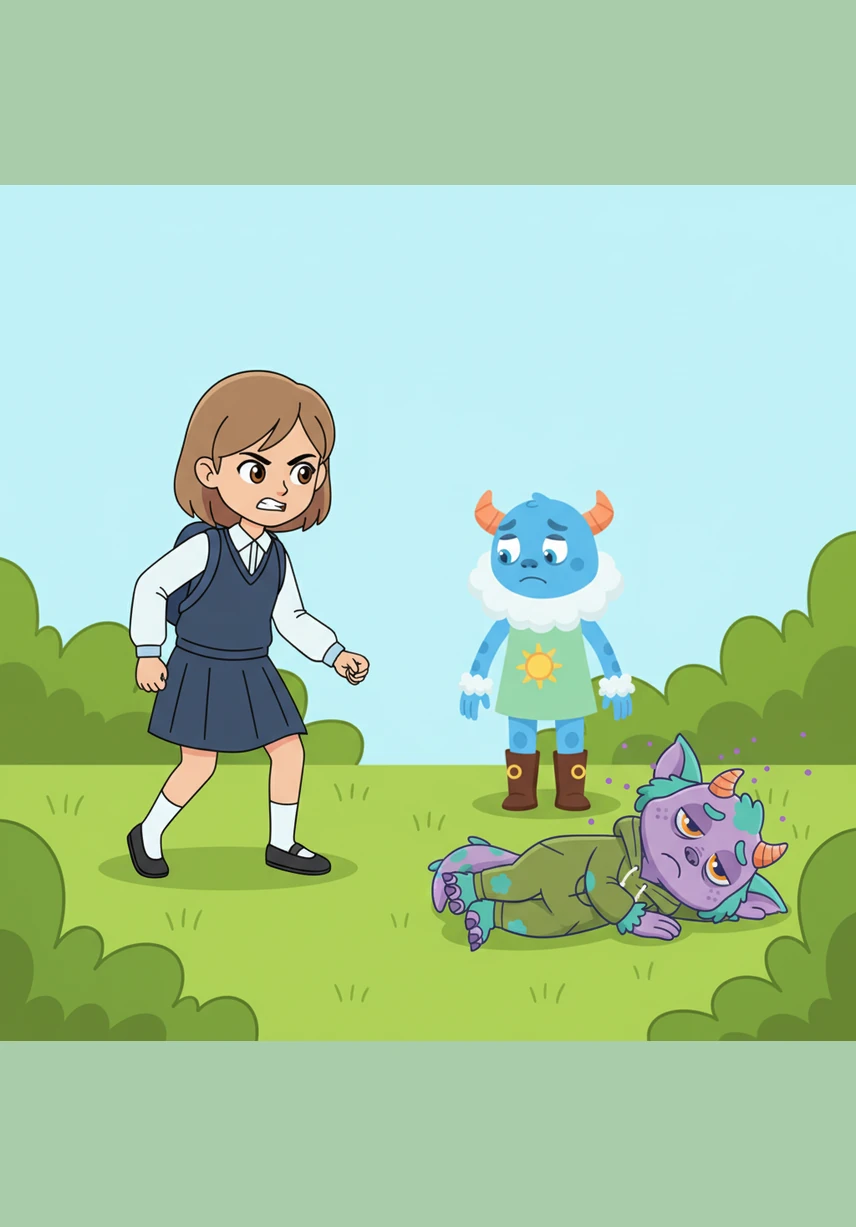 She crept forward on her tiptoes, peering cautiously around the edge of the slide until she saw a mysterious creature. Startled by the sight of the unexpected visitor, Charlotte couldn't help but let out a loud scream that echoed across the yard.