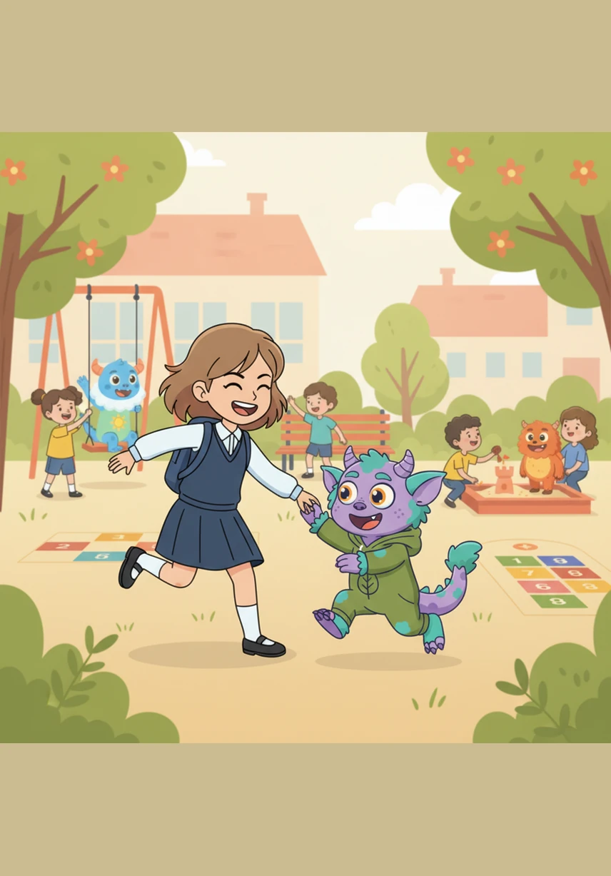 The monster stepped into the light, revealing bright pink hair, baby blue skin, and two sparkly pierced ears. To Charlotte's surprise, the creature began gobbling up the snacks and lunches left out for the children during recess.