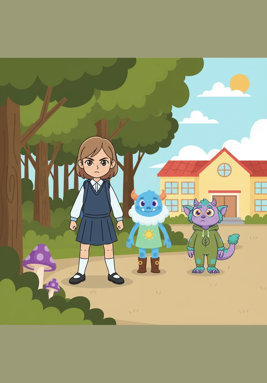 Seeing a student glancing out the window, Charlotte realized they might be spotted and get into big trouble. She whispered for the monster to go hide quickly behind the tall wooden fence at the edge of the playground.