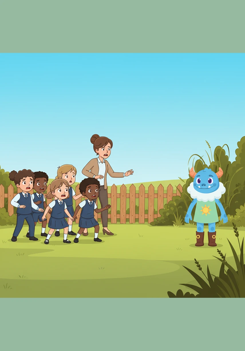 Just as the teacher and the other children reached the edge of the yard, they spotted the colorful creature hiding behind the fence. Charlotte stepped forward with a smile, ready to introduce her new friend to the startled crowd.