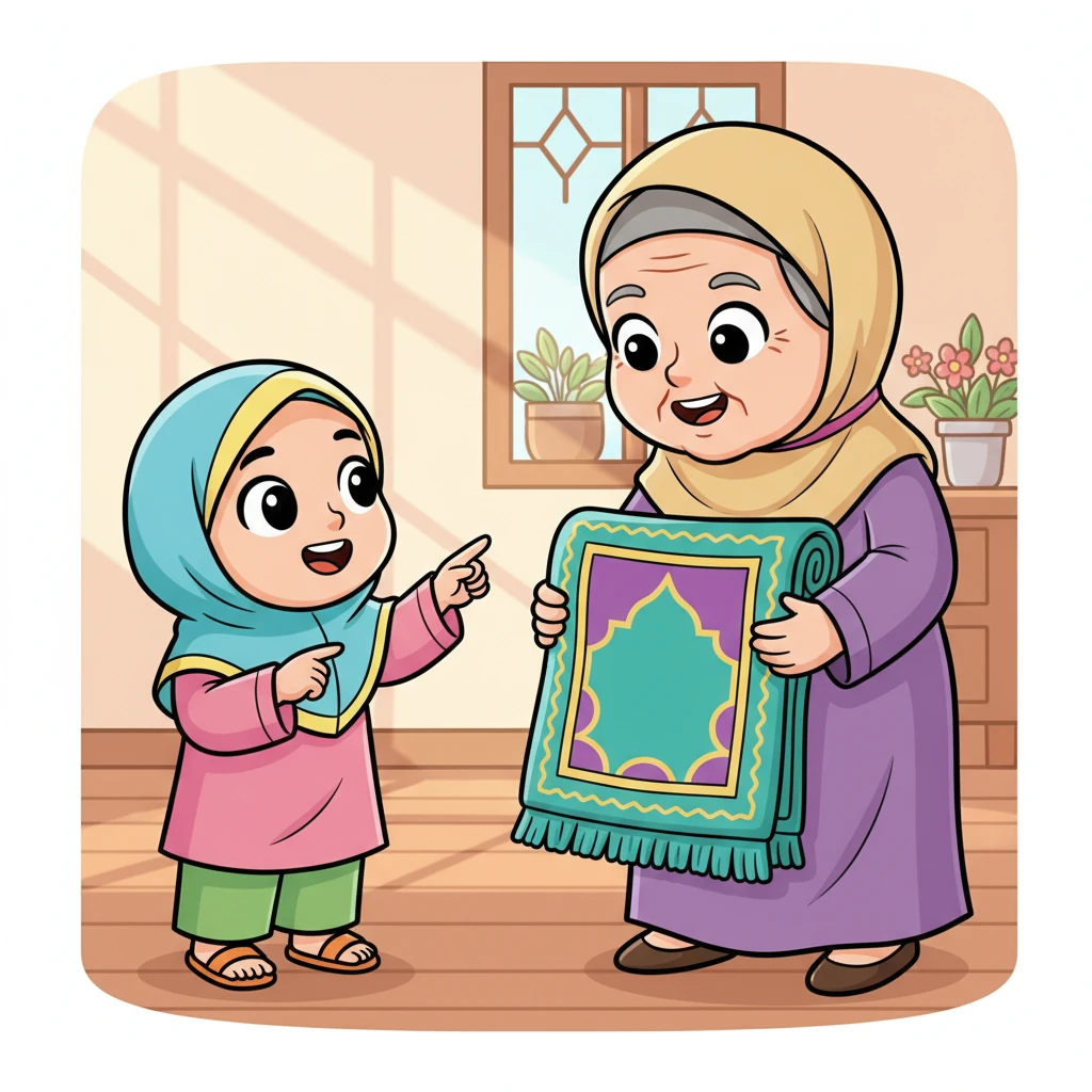 Lani mendekat, menunjuk sebuah alas berbulu lembut dengan motif cantik. "Nenek, ini apa?" tanyanya dengan suara riang. Nenek mengangkat sajadah itu, memperlihatkan kelembutan dan warnanya yang menenangkan.