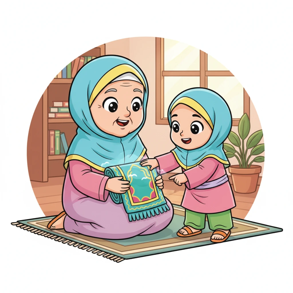 "Ini sajadah, Lani," jawab Nenek dengan lembut. "Tempat kita bersembahyang. Harus selalu bersih dan suci, seperti hati kita saat berdoa." Lani mengelus sajadah itu, merasakan kelembutannya yang seperti awan.