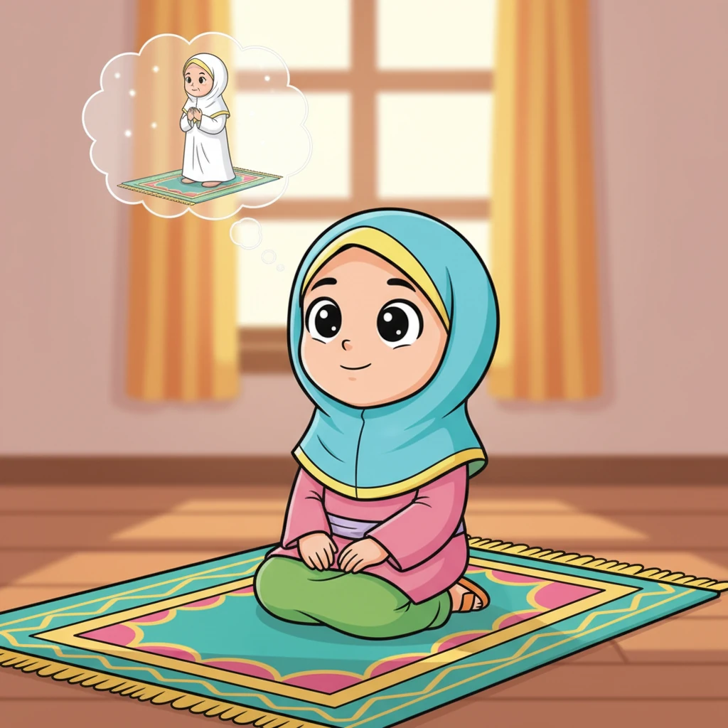 Lani mencoba duduk di atas sajadah, membayangkan Neneknya bersembahyang di sana. Ia merasa seolah sajadah itu memiliki keajaiban tersendiri, membuatnya merasa tenang dan damai. Senyum kecil terukir di wajahnya.