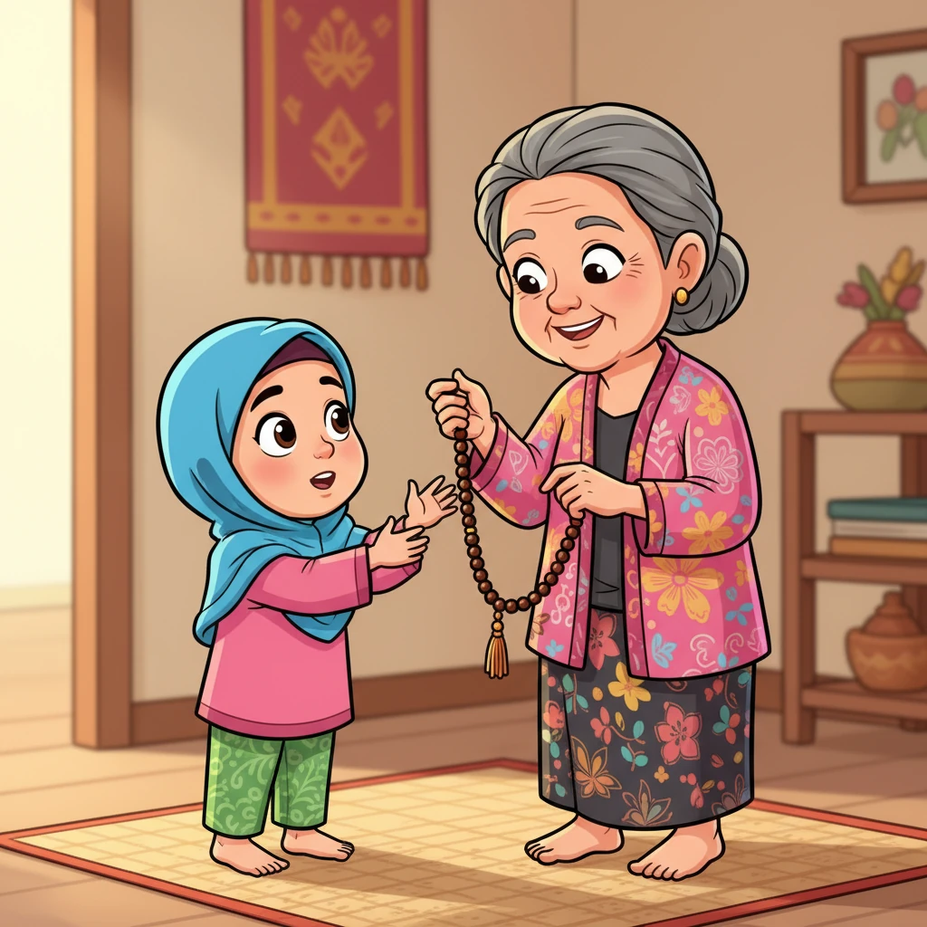Kemudian, pandangan Lani beralih pada rangkaian biji-bijian kecil yang terikat rapi. "Kalau ini apa, Nenek?" Nenek menjelaskan bahwa itu adalah tasbih, alat bantu untuk menghitung doa dan zikir.